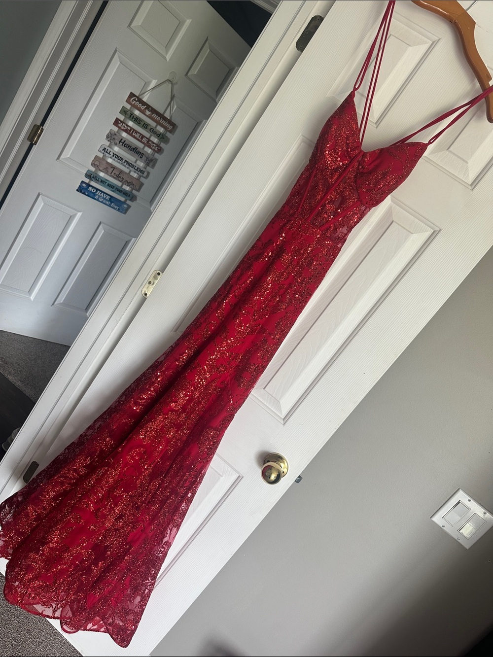 Windsor Red Sequin Lace Spaghetti-Strap Prom Dress